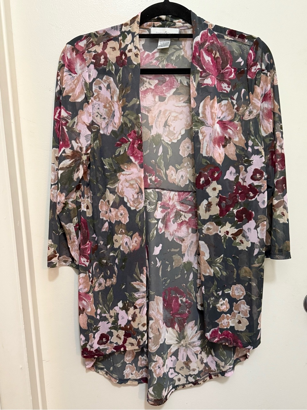 Floral Open-Front Kimono Cardigan - Gray with Pink & Burgundy